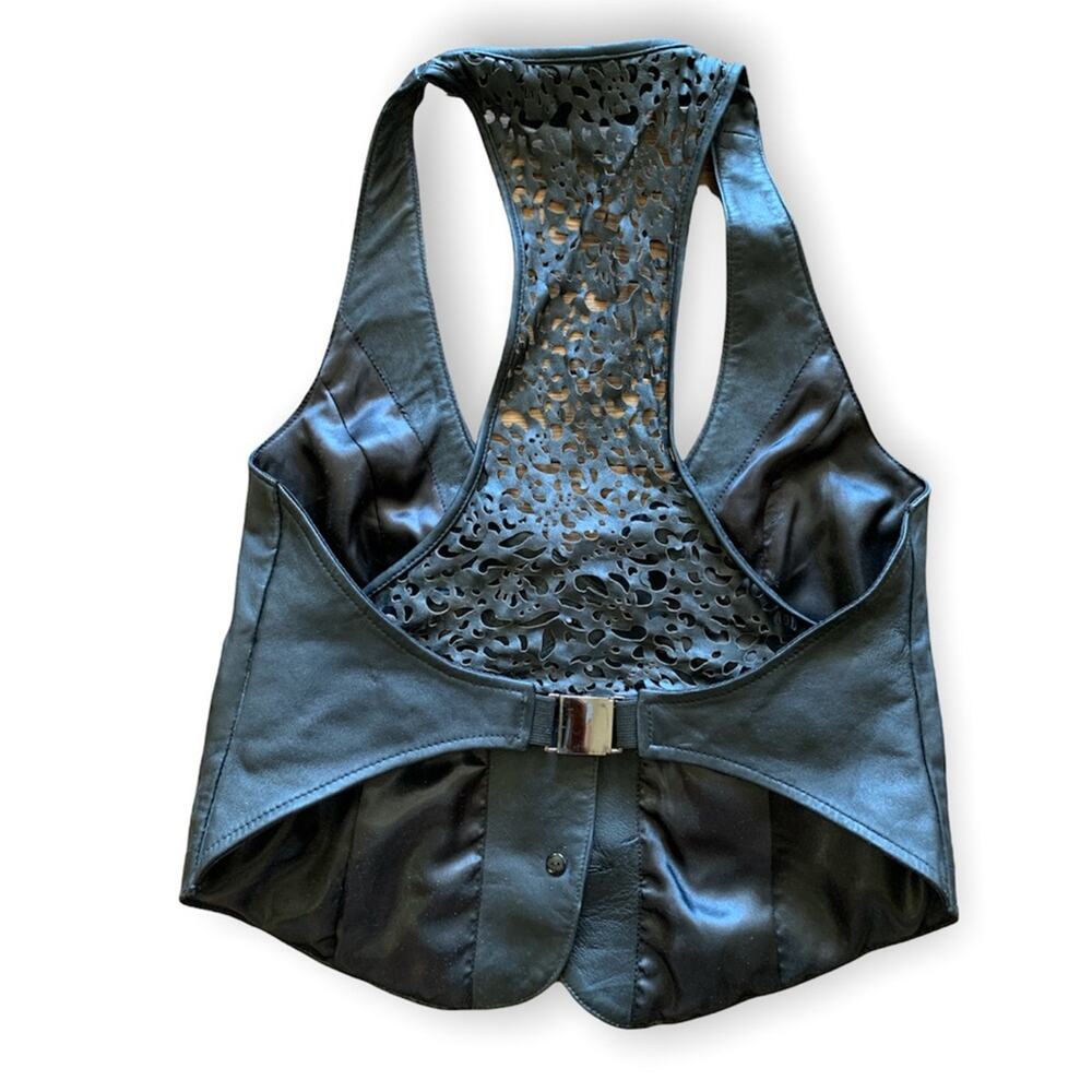 Black Leather Racerback Vest with Button Front - Picture 2 of 10